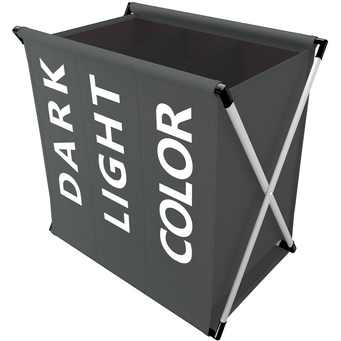 Cesto Biancheria 3 Scomparti Portabiancheria Pieghevole Metallo e Tessuto Grigio