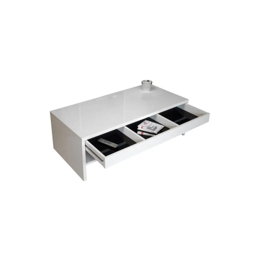 Tavolino basso TRIGO bianco - 1 cassetto con scomparti - 118 x 58 x 39 cm