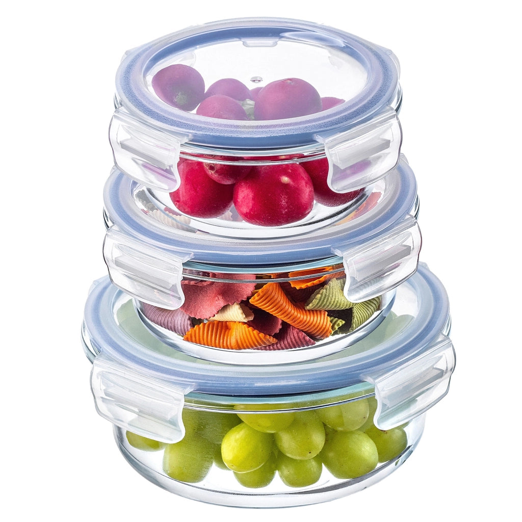Set di 3 contenitori per alimenti in vetro con coperchi e scatole rotonde KADAX