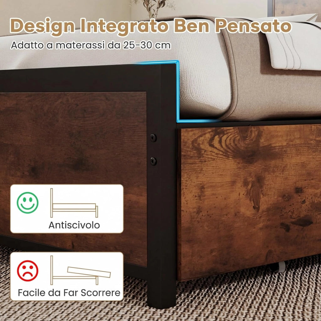 Struttura Letto con Testiera, Letto con 4 Cassetti e Doghe Robuste in Metallo, Letto a Piattaforma con Prese, Silenzioso, Carico Massimo 300kg (160 x 200 cm)
