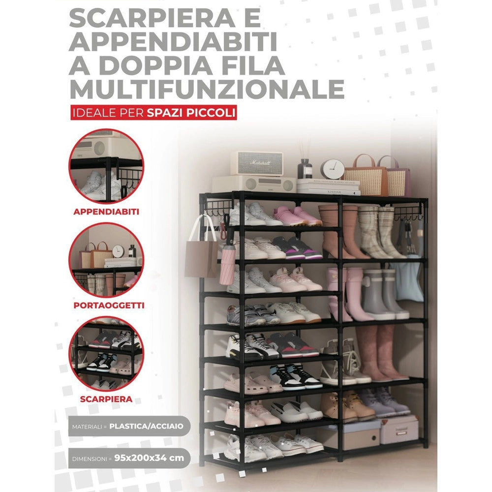 Trade Shop - Scarpiera Appendiabiti Portaoggetti Multifunzionale A Doppia Fila Con Ganci Organizzatore -