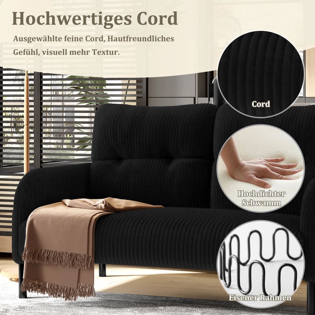 OKWISH Divano 2 Posti, Schienale Ergonomico con Tasche Laterali e Seduta Ampia, Piedini in Metallo, Velluto a Coste Nero