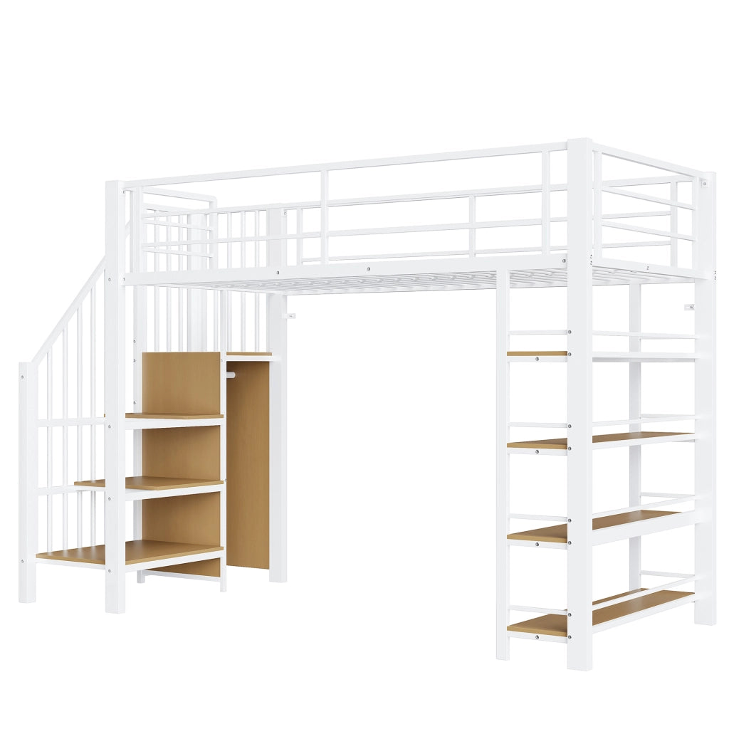Letto a castello bianco in metallo con scala di sicurezza scomparti e piccolo armadio 90x200 cm