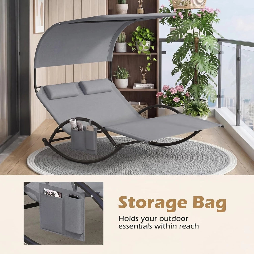 Poltrona a Dondolo Doppia, Lettino a Dondolo con Tettoia, Cuscini Poggiatesta, Braccioli e Struttura in Metallo, Lettino a Dondolo per Patio, Cortile, Bordo Piscina (Grigio)