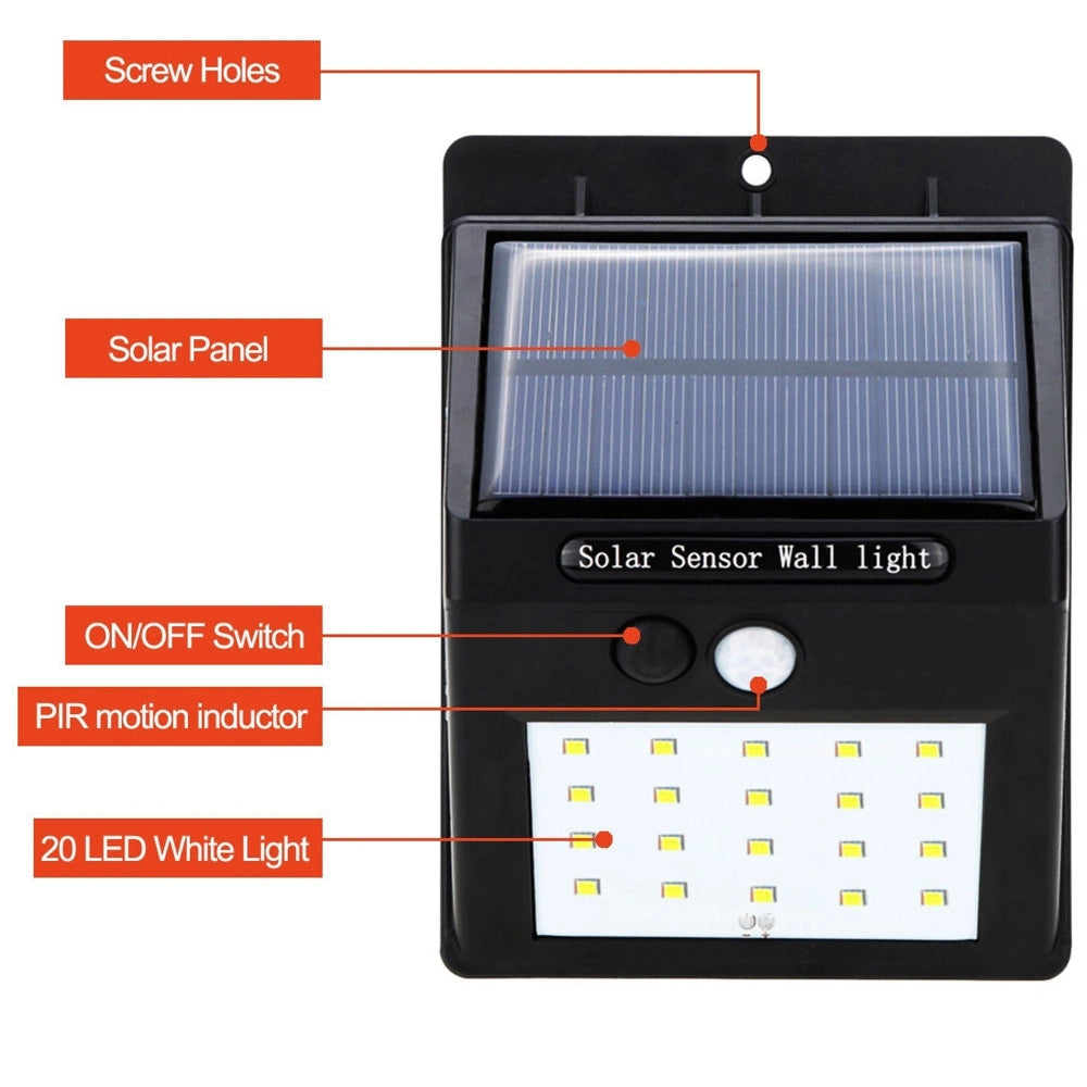 Trade Shop - Faretto Faro 20 Led Con Pannello Solare Sensore Di Movimento E Crepuscolare -