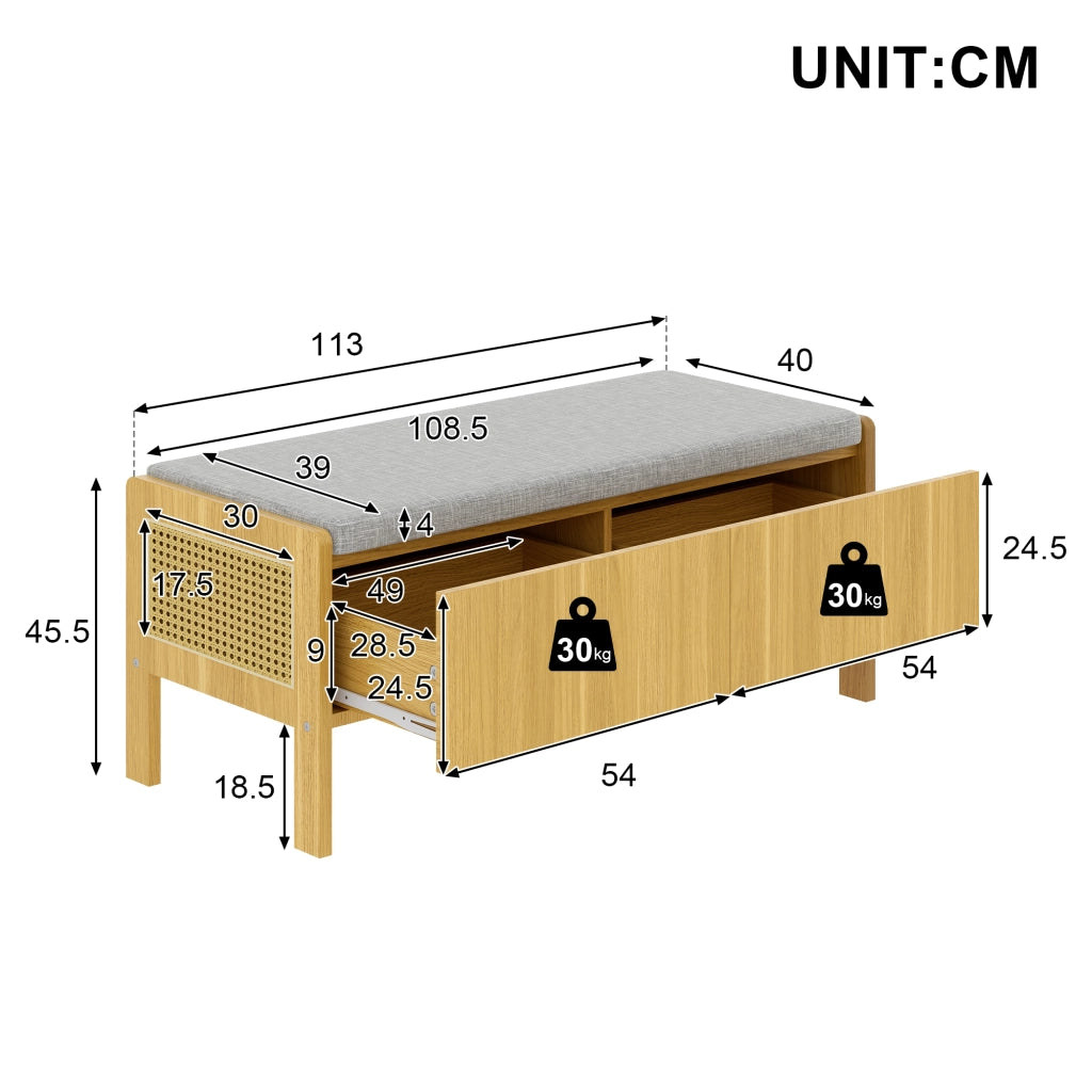 Panca contenitore con 2 cassetti e lati in rattan - in bamboo e MDF - naturale e grigio