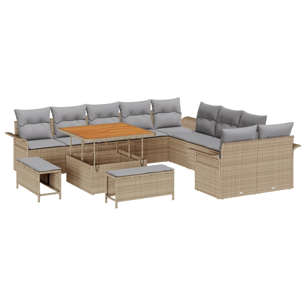 Set di Divani da Giardino da 13 Pezzi con Cuscini Beige Polyrattan Acacia