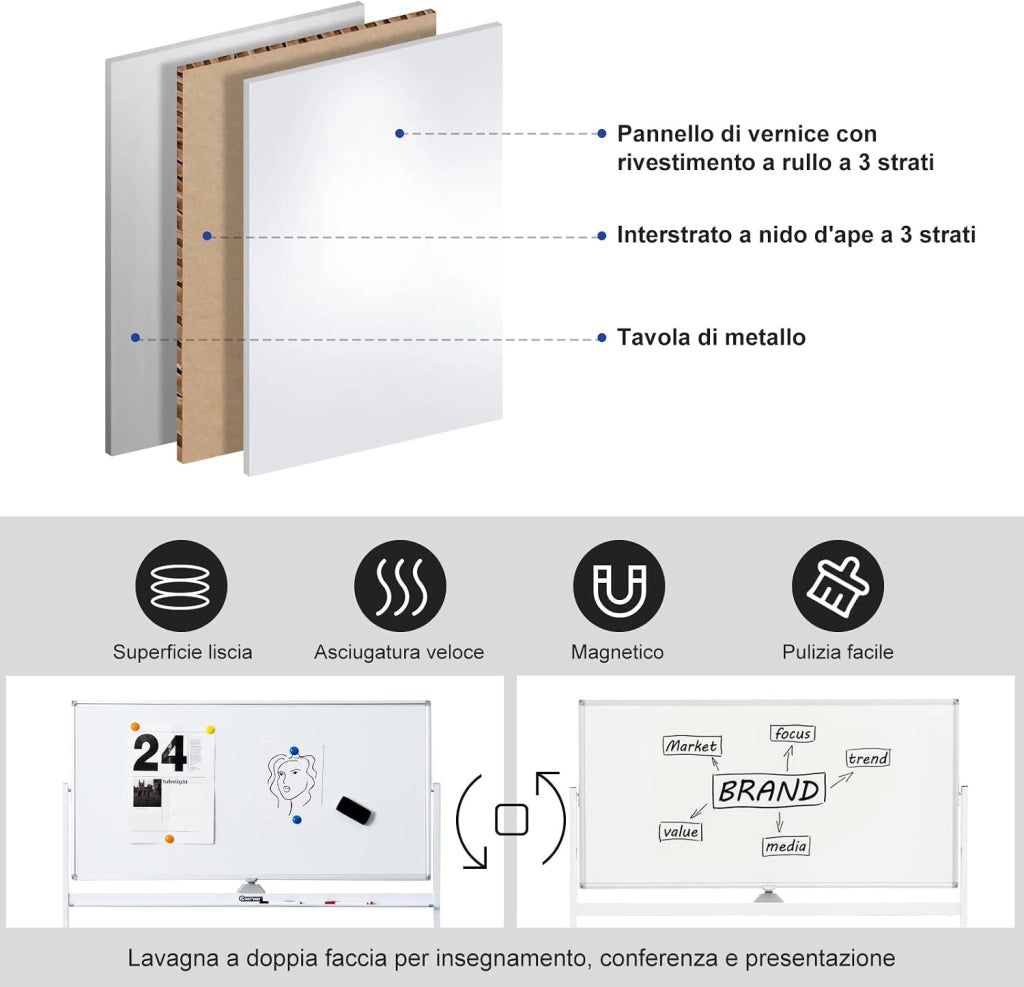 Lavagna Bianca Magnetica Doppia, Design Regolabile in Altezza con Ruote Bloccabili, 6 Pennarelli, 12 Calamite e 1 Cancellino, Ideale per Casa Ufficio e Scuola, 126 x 59 x 145/165 cm (Bianco)