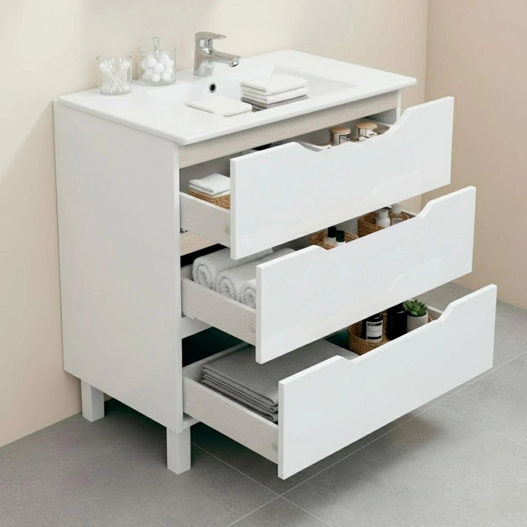 Mobile Bagno A Terra Con 3 Cassettoni Soft Close E Lavabo In Ceramica Monoforo Con Troppopieno Incluso Mobiletto Design Moderno Ed Elegante Salvaspazio 80 x 45 x 86 Cm Colore Bianco
