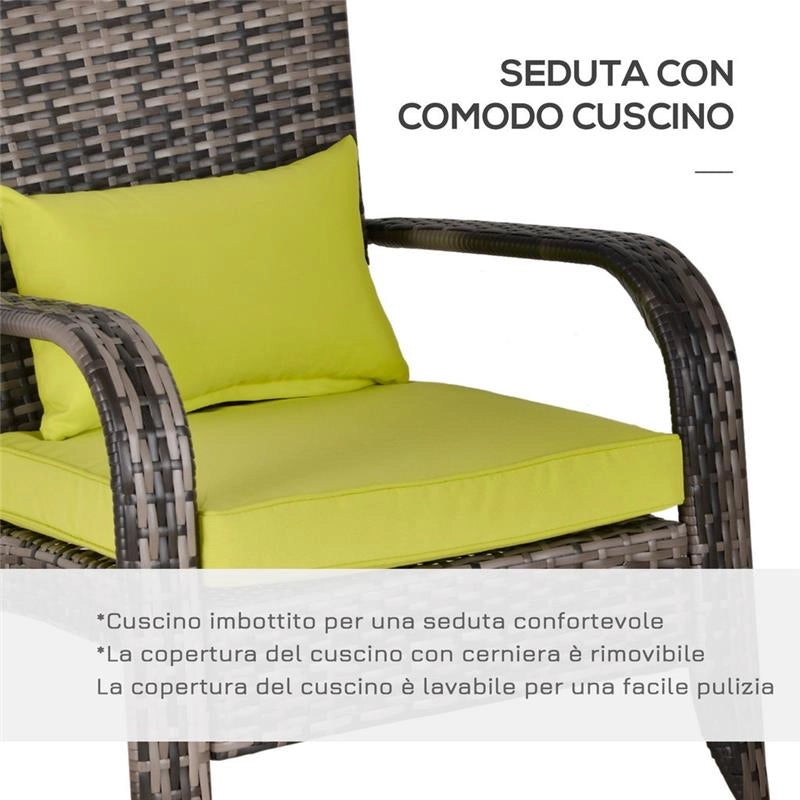 POLTRONA DA GIARDINO IN RATTAN CON BRACCIOLI E CUSCINI IMBOTTITI GRIGIA E VERDE