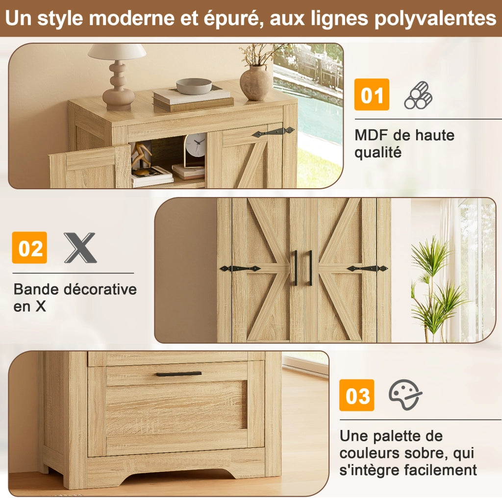Credenza con 2 cassetti e ripiani regolabili in stile rustico per cucina, sala da pranzo e soggiorno in MDF naturale