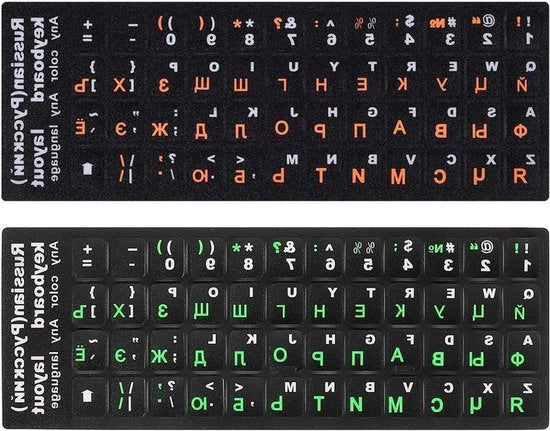 Etichette per tastiera Russo-Inglese Pack 2 Bilingue di Sostituzione - Background Nero 1 Verde 1 Arancione