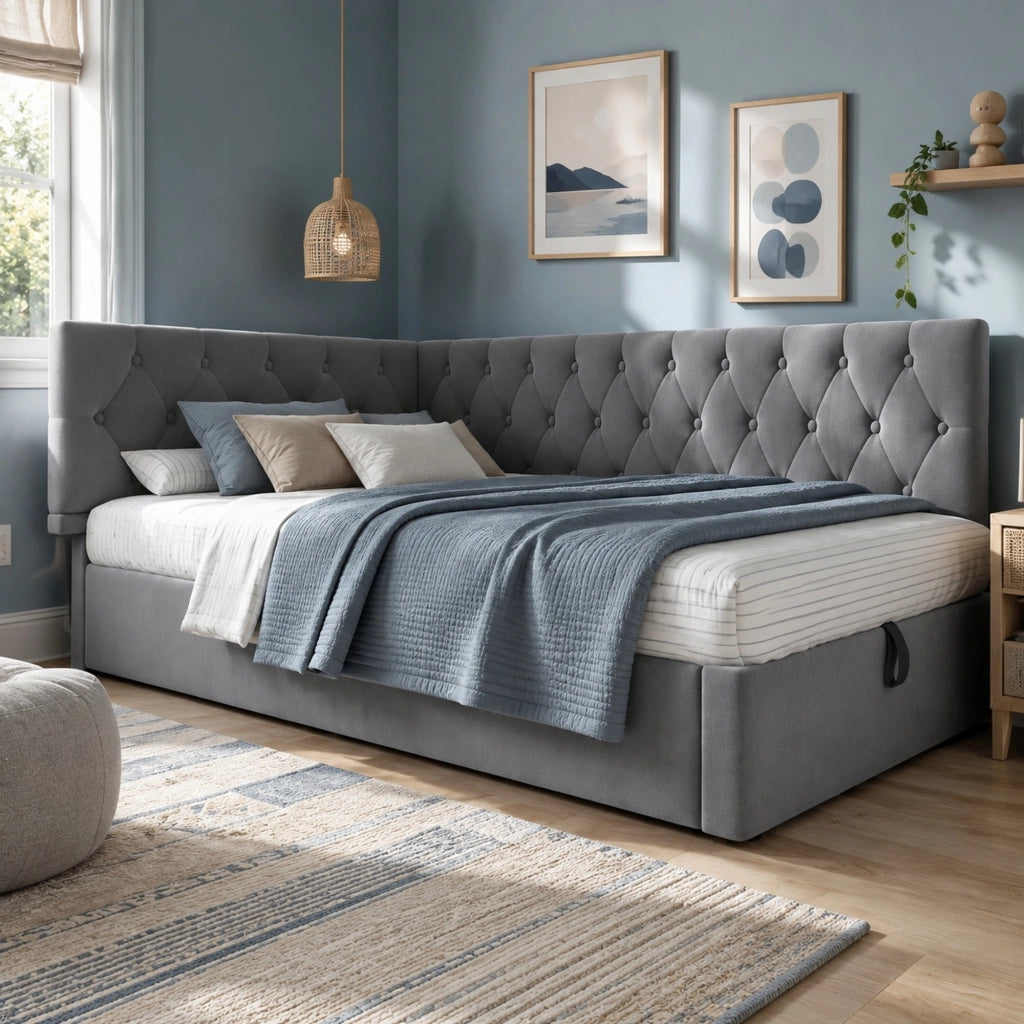 Letto imbottito a L in velluto grigio 90x190 cm con contenitore idraulico