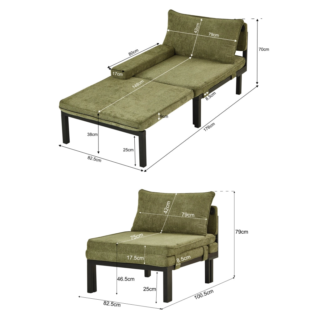 Poltrona letto pieghevole verde in velluto con porta USB Type-C