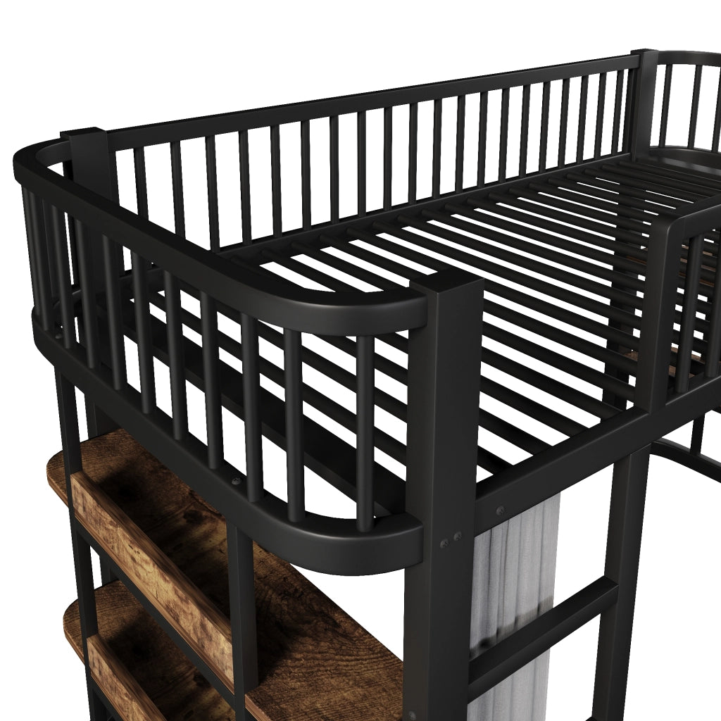 Letto a soppalco per bambini 90x200 cm con tende oscuranti; spazio inferiore modulabile; mensole e LED; metallo nero
