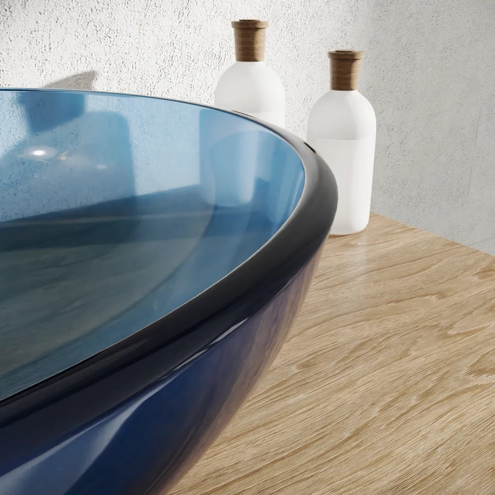 Lavabo da appoggio in vetro trasparente 39,5x39,5x14cm color blu | Aurea