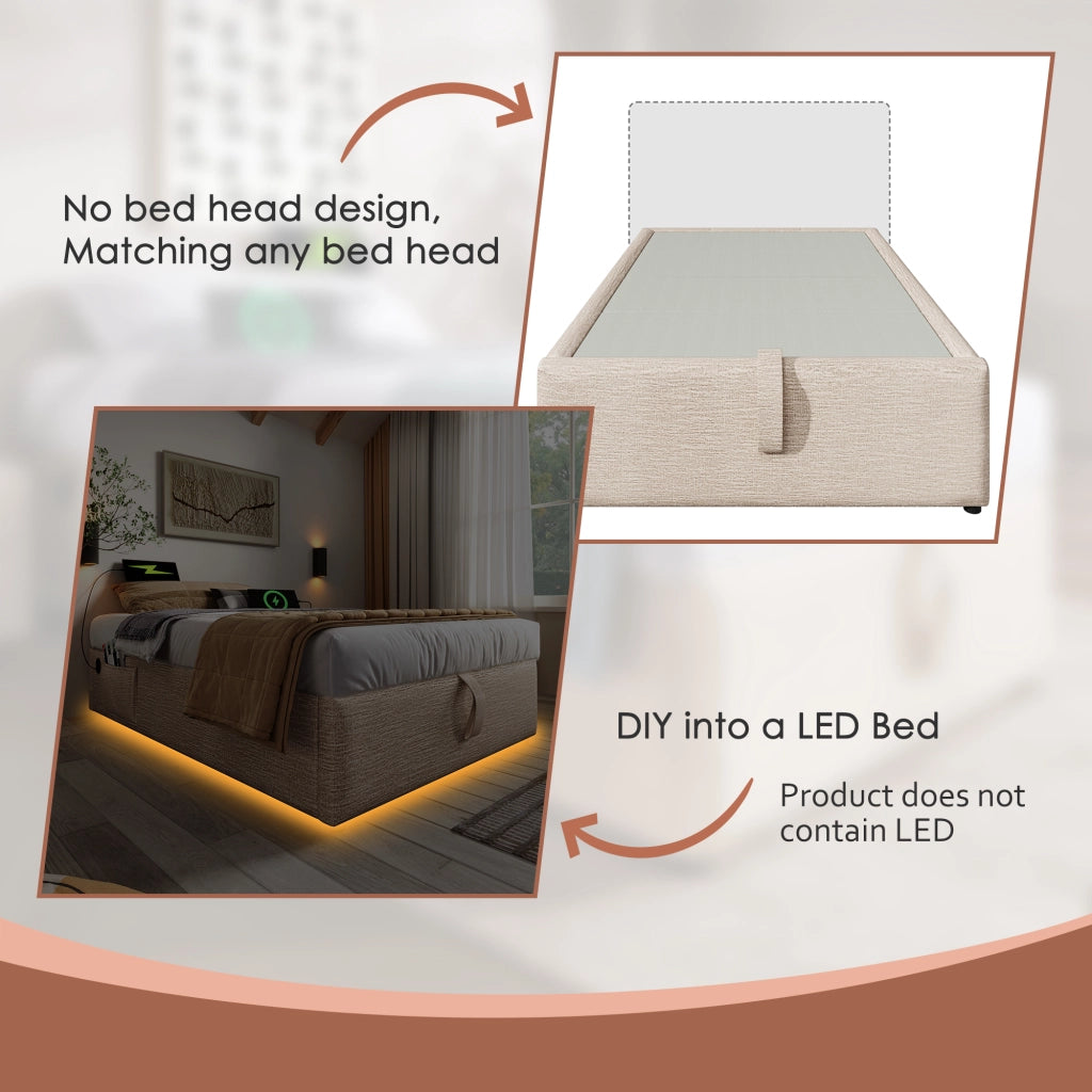 OKWISH Letto contenitore 140×200 cm, Letto Matrimoniale con USB, Tipo C e Vano Contenitore, senza Materasso, in Lino, Beige Naturale