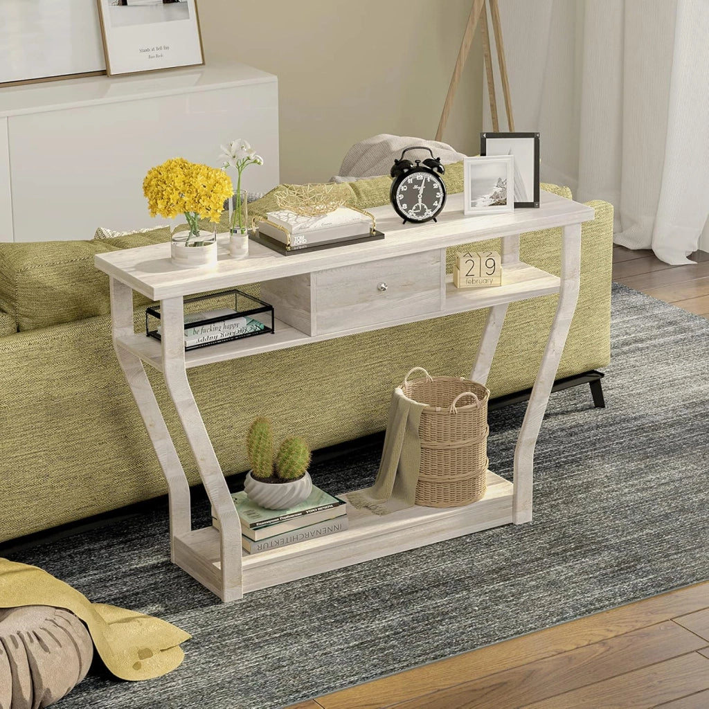 Tavolo Consolle Legno, a 3 Ripiani, Stretto e Compatto, Cassetto con Manico, Console per Soggiorno, Salotto, Ingresso, Portata di 60 kg, 120x30x81cm, 3 Colori (Grigio)
