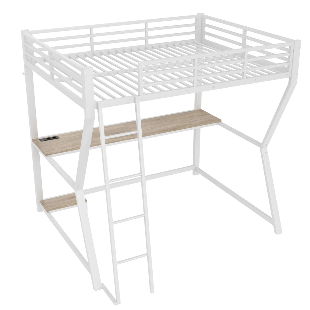 Letto a soppalco 140x200 cm con LED; scrivania e prese in metallo e MDF bianco
