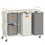 Cesto portabiancheria con 4 scomparti capacità 150 litri cestino con ruote carrello con ripiani borsa tasche laterali 6 etichette beige 12_0006659