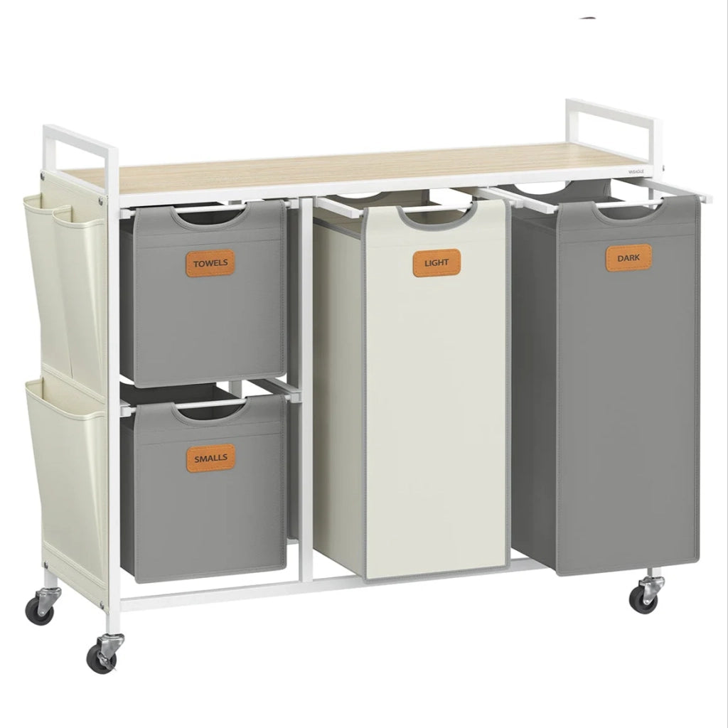Cesto portabiancheria con 4 scomparti capacità 150 litri cestino con ruote carrello con ripiani borsa tasche laterali 6 etichette beige 12_0006659