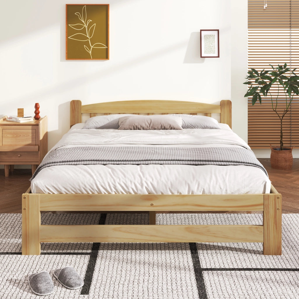 Letto Matrimoniale Letto in Legno Massello con Testiera e 15 Doghe; Superficie 140 × 200 cm; senza Materasso; Naturale