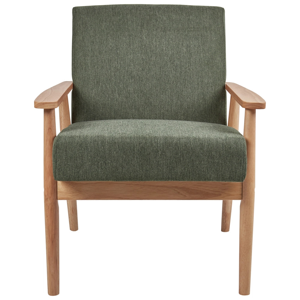 Poltrona da salotto con rivestimento in tessuto verde con struttura in legno stile retrò