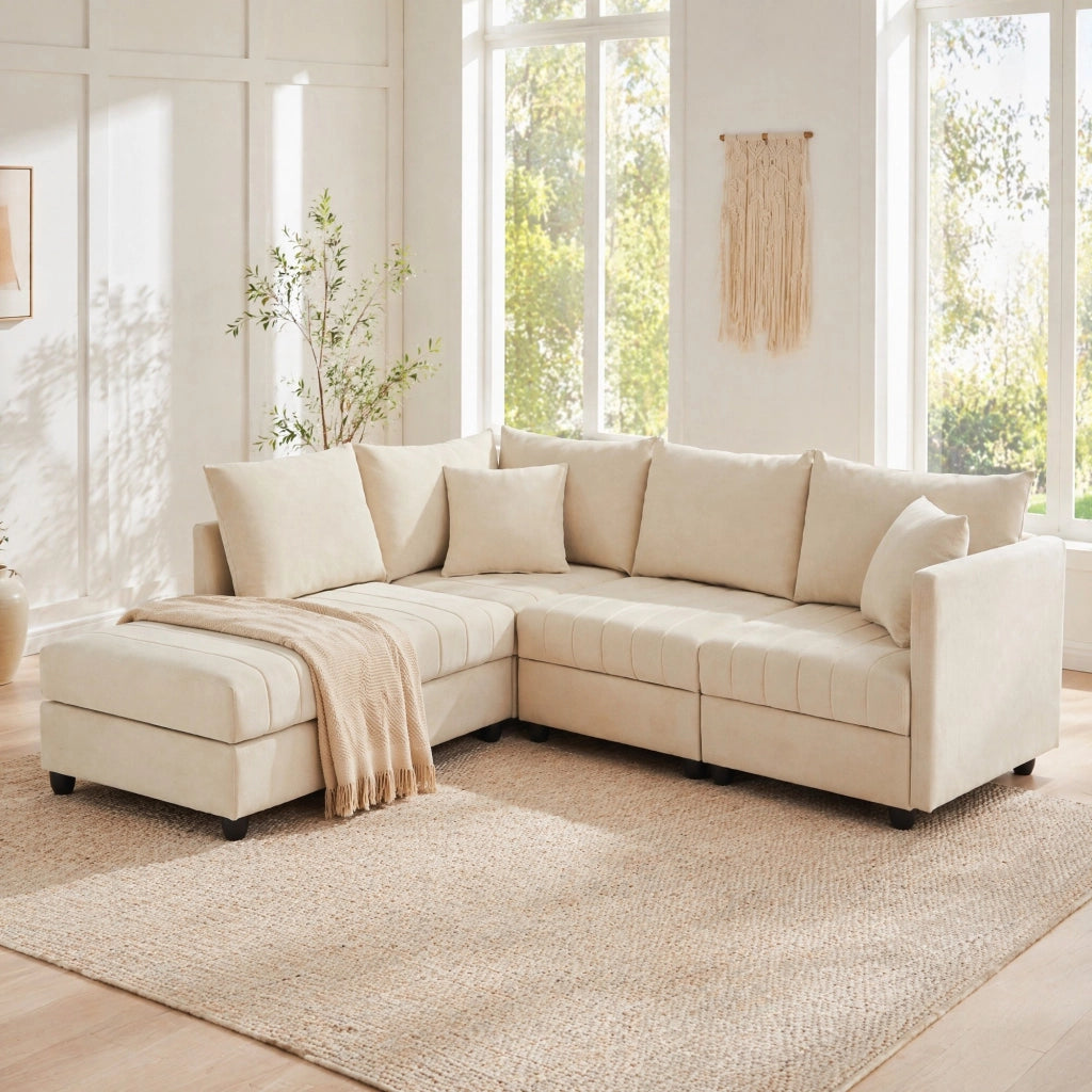 DIVANO Modulare 5 Posti 220x194x85 cm Beige con Pouf Mobile
