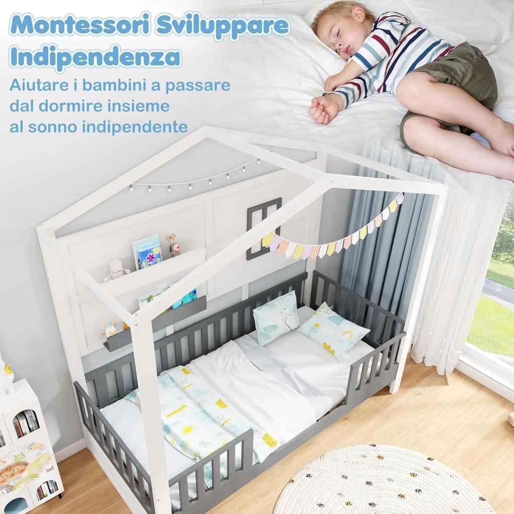 Letto per Cameretta a Forma di Cassetta 90 x 200 cm, per Bambini Struttura di Legno di Pino, Letto Casetta Montessori con 2 Ripiani Mensole e Protezione Anticaduta, Bianco e Grigio