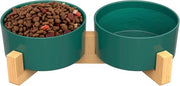 Bacile ceramici con stantuffo in bambù elevato per cani e gatti, da utilizzare come ciotola per cibo o acqua, ciotola per gatti, antiscivolo, lavastoviglie resistente (2 x - 400 ml, verde)