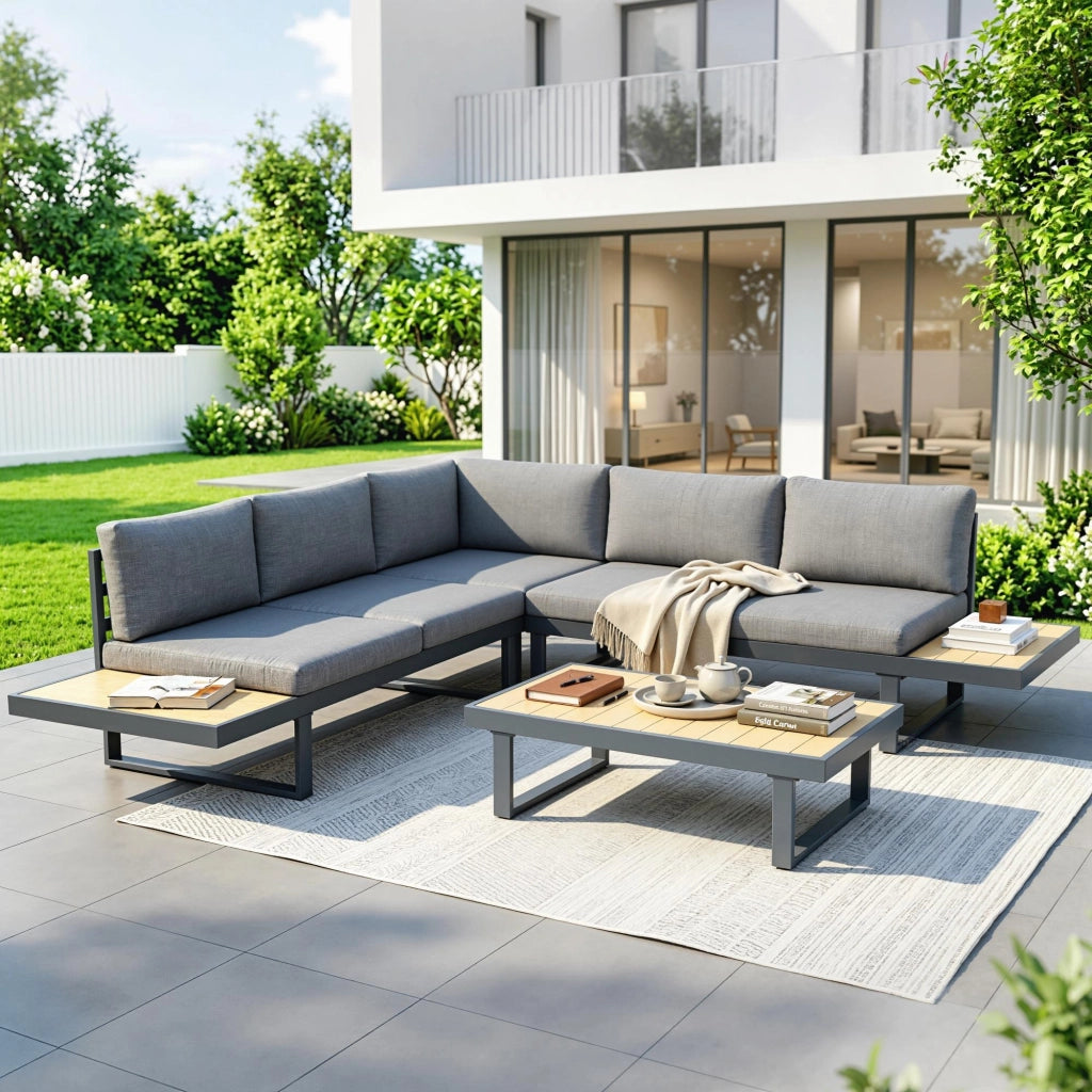 Set da Giardino 4 Pezzi in Alluminio con Divanetti, Poltrona Angolare e Tavolino ¨C zephmum ¨C Grigio e Teak
