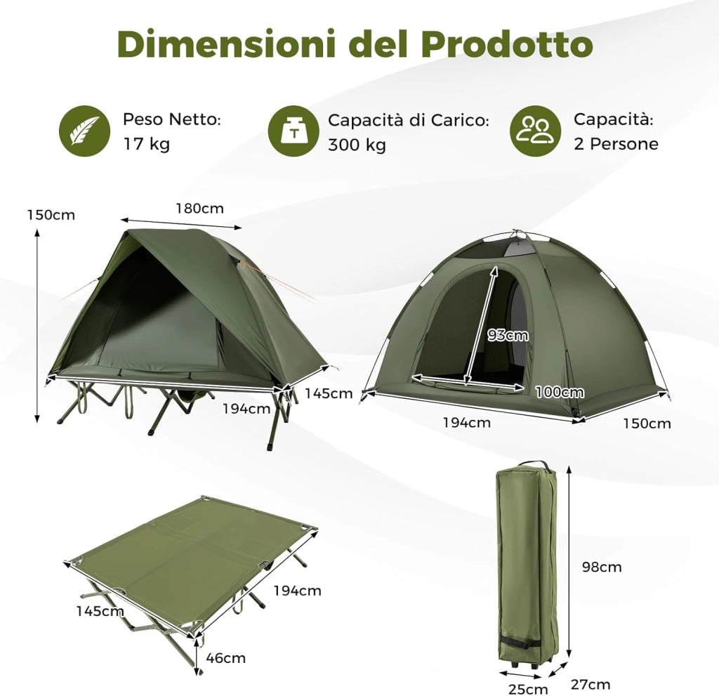 Tenda da Campeggio per 2 Persone, Tenda Impermeabile e Pieghevole per Adulti con Riparo Esterno, Borsa con Ruote Portatile, 2 Porte a Rete e Tetto con Lucernario per Campeggio e Spiaggia