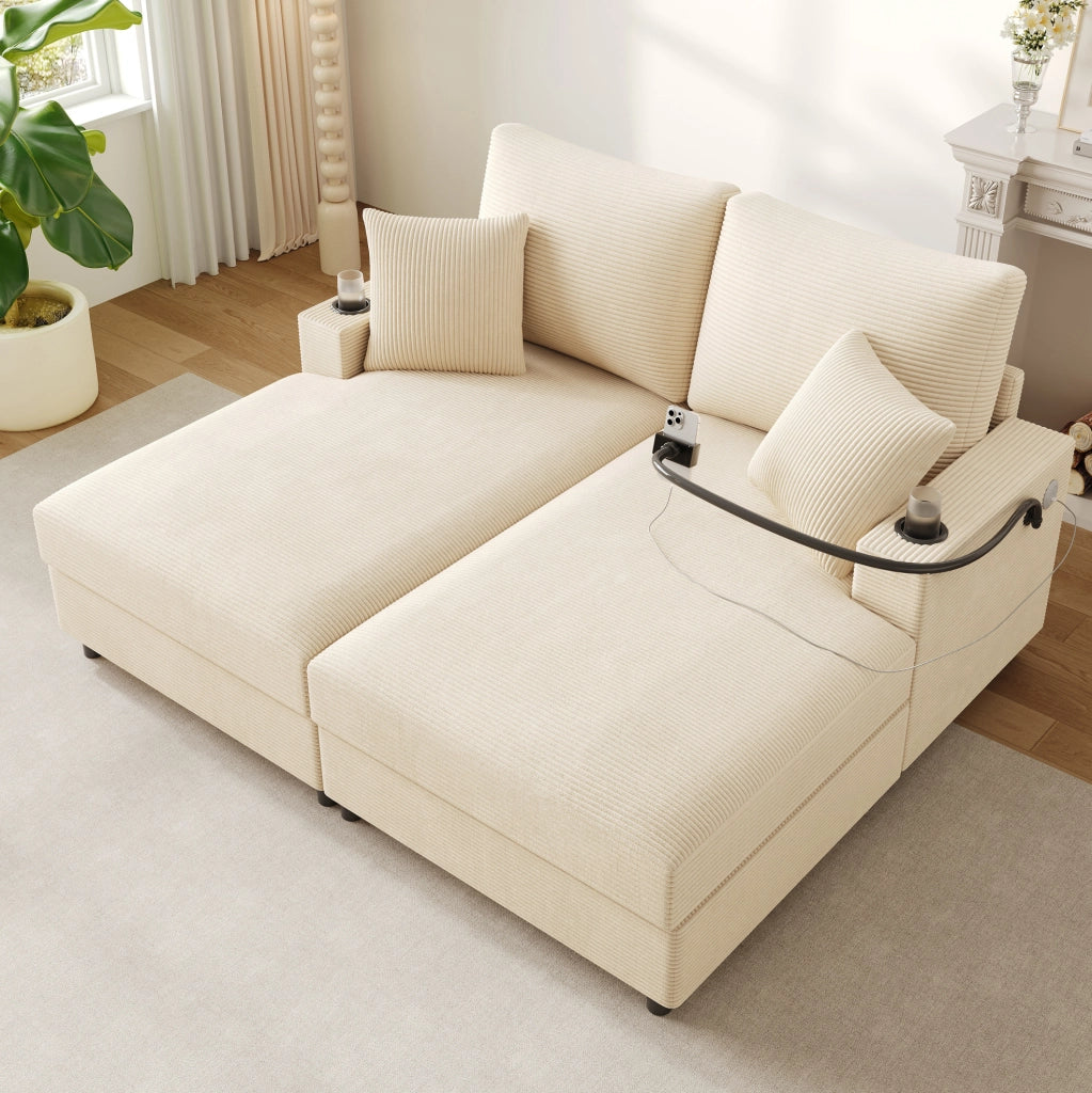 Divano 2 posti in velluto a coste beige con USB-C e portabicchieri