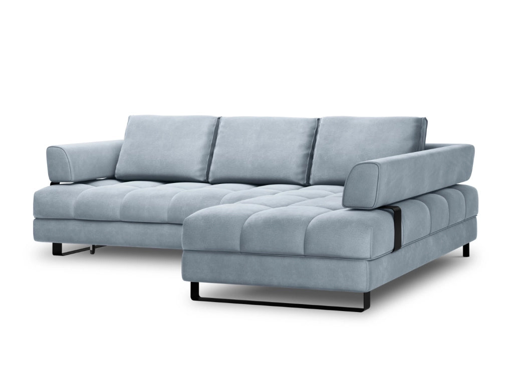 Cosmopolitan Design - Divano convertibile angolare destro con contenitore "Clinton" 5 posti in velluto azzurro 
