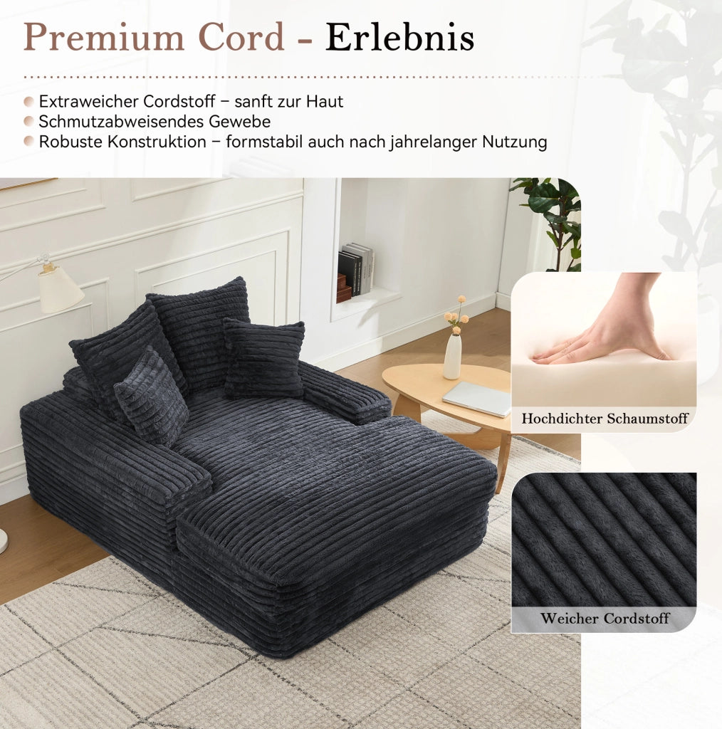 Chaise longue grigia in velluto a coste con 4 cuscini