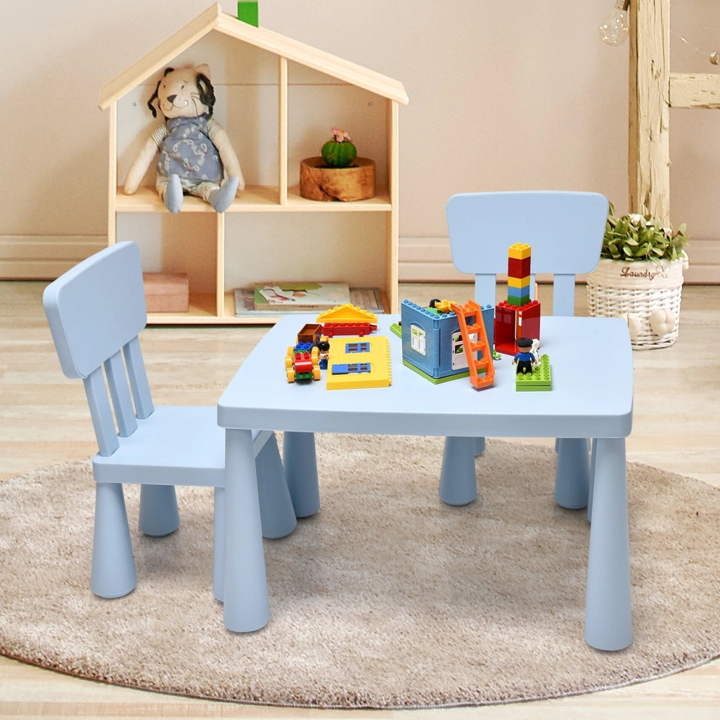 Set con tavolo e 2 sedie per bambini, Set con tavolo e 2 sedie per mangiare disegnare scrivere e fare lavoretti Azzurro-Tavoli e sedie