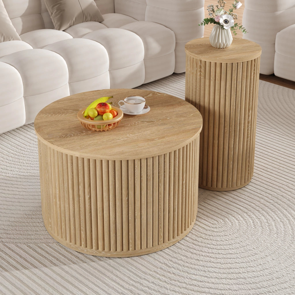 TAVOLINO da caffè Set da 2 pezzi rotondo 60x60x38,5 cm + 30x30x56 cm MDF Naturale