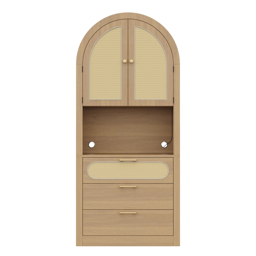 Credenza con 2 ripiani, 1 vano espositivo, 3 cassetti e LED, per soggiorno, in MDF, rovere chiaro, 80 × 35 × 180 cm