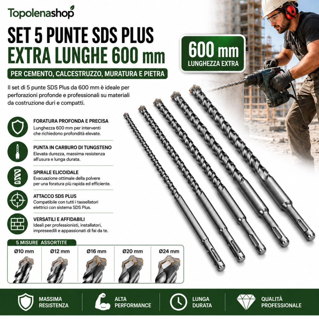 5 Punte SDS Plus 600 mm 10 12 16 20 24 mm per Cemento e Pietra