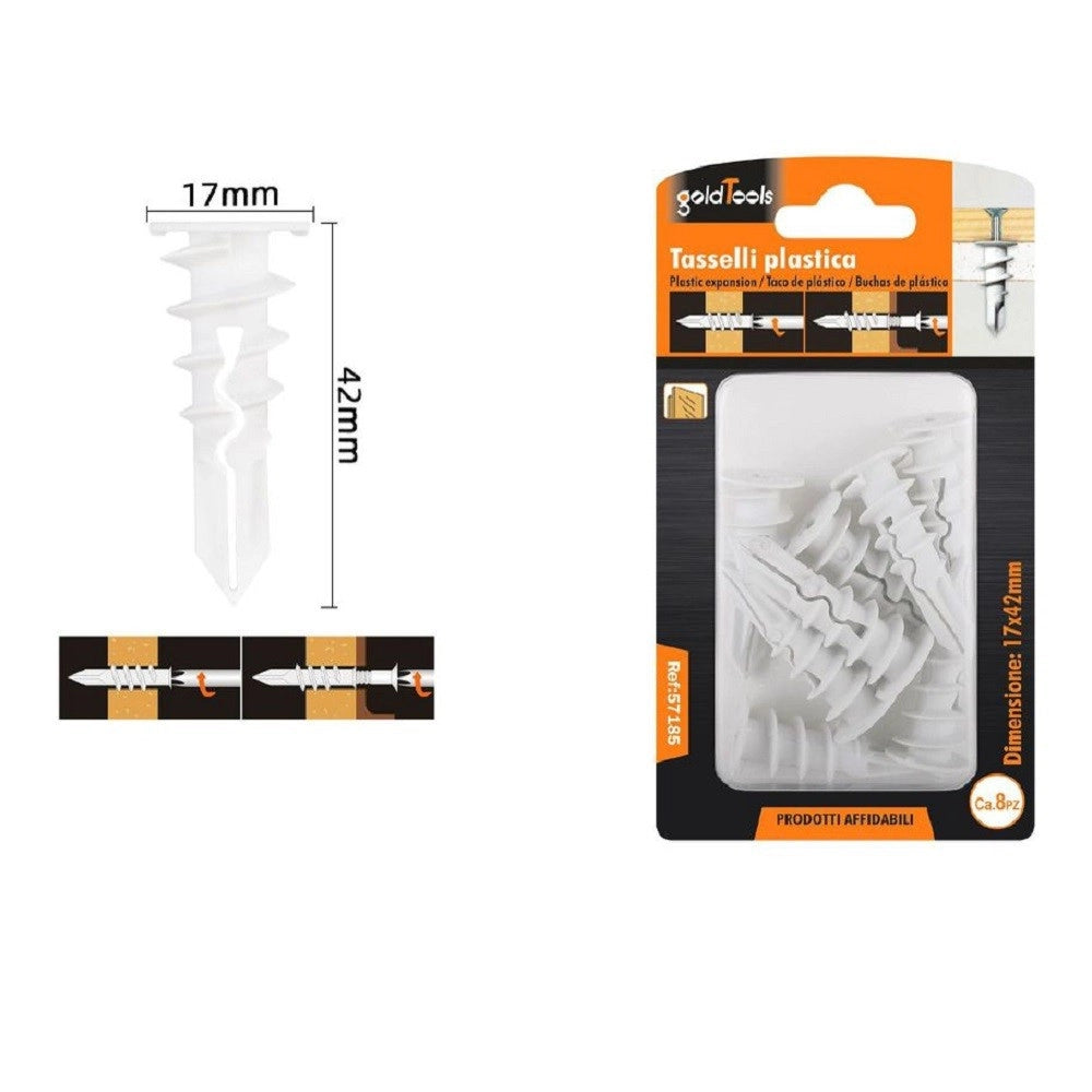 Trade Shop - Set 8 Pezzi Tasselli In Plastica Tassello Fischer Fissaggio Viti 17x42 Mm 57185 -
