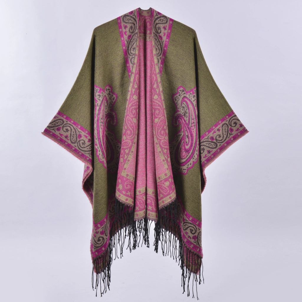 Mantella calda e comoda da viaggio, sciarpa/scialle antivento in cashmere con nappe e motivo paisley in stile etnico, mantella calda per ambienti climatizzati