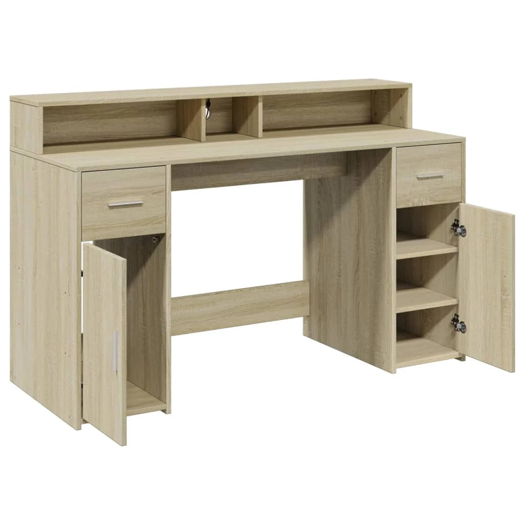 Scrivania da ufficio postazione di lavoro mobile per computer scrivania da studio con luci a LED legno ingegnerizzato rovere Sonoma marrone 02_0023426