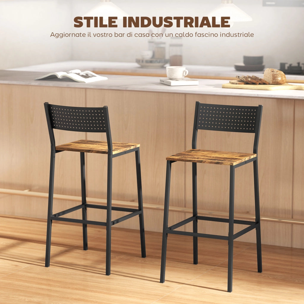 Set 2 Sgabelli da Bar in Stile Industriale con Schienale e Poggiapiedi 43,2x50,5x97,8 cm in Metallo e MDF Marrone