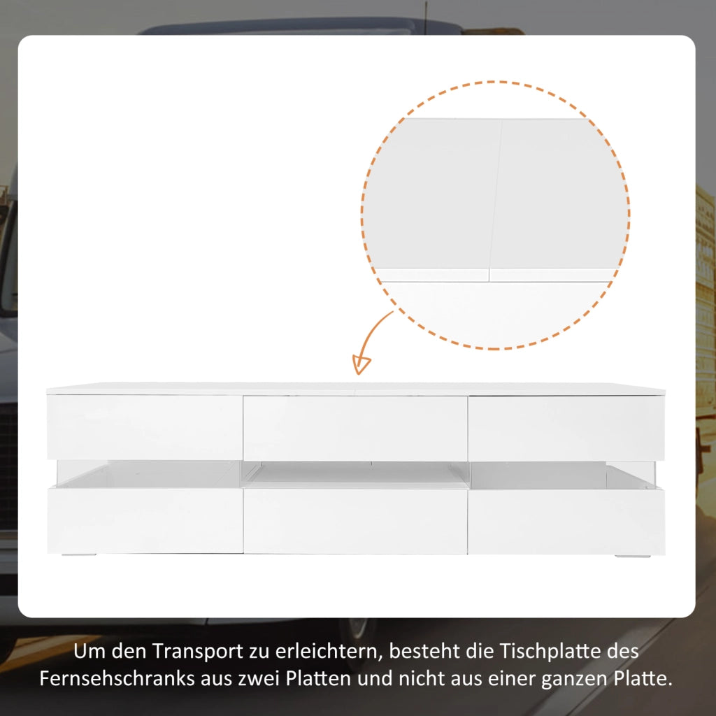 Mobile TV bianco lucido con LED, ante a pressione e vano aperto