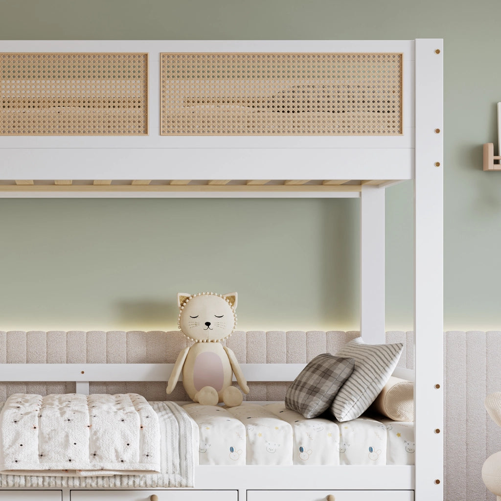 OKWISH Letto a Castello 90×200 cm, Letto Singolo con 3 Cassetti, Scala e Sponde di Sicurezza, senza Materasso, in Legno, Bianco e Naturale