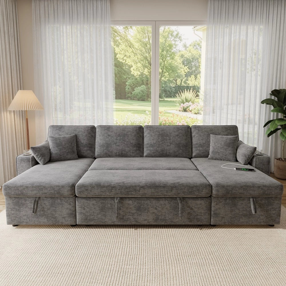 Divano Angolare a U con Funzione Letto, Contenitore, Dormeuse e USB ¨C Xylo ¨C Grigio
