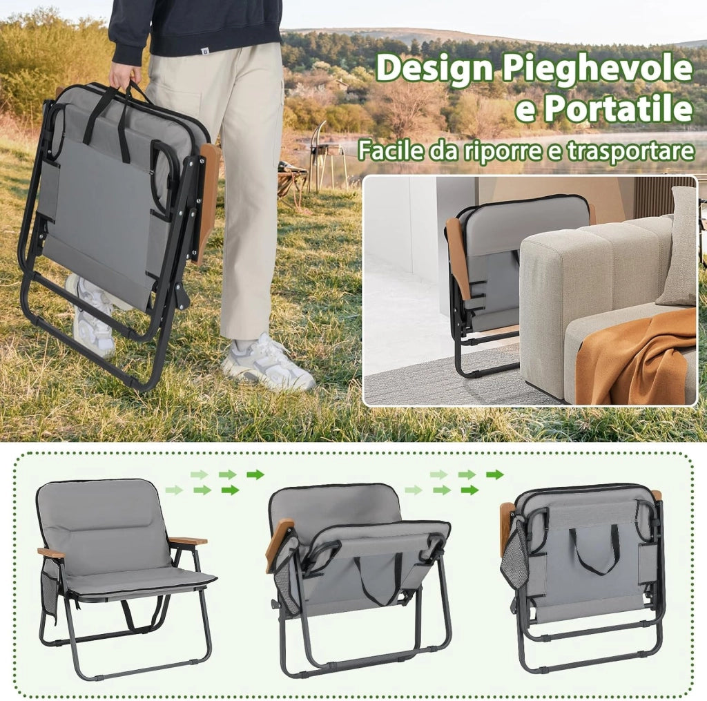 Set di 2 Sedie da Campeggio Pieghevoli, Sedie Portatili da Esterno con Cuscino Rimovibile, Tasca Laterale, Braccioli, Sedie da Spiaggia Resistenti per Esterni, Supporta 150 kg, Grigio