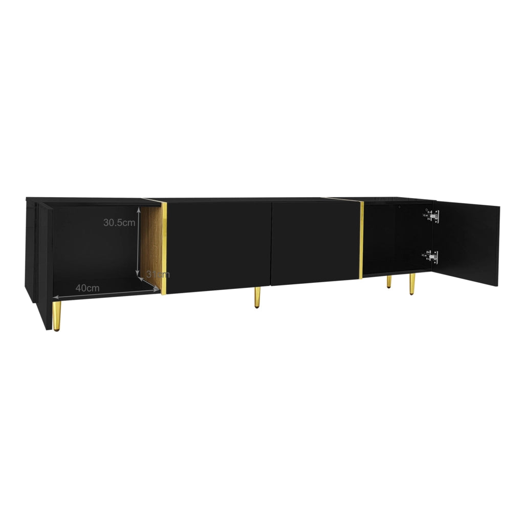 Mobile TV nero lucido 170 cm con 4 ante e dettagli oro