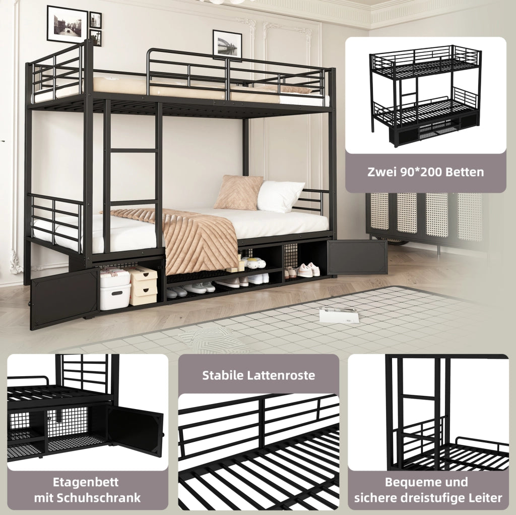 Letto a castello in metallo 90x200 cm con scala; ripiano per scarpe e 2 armadietti nero