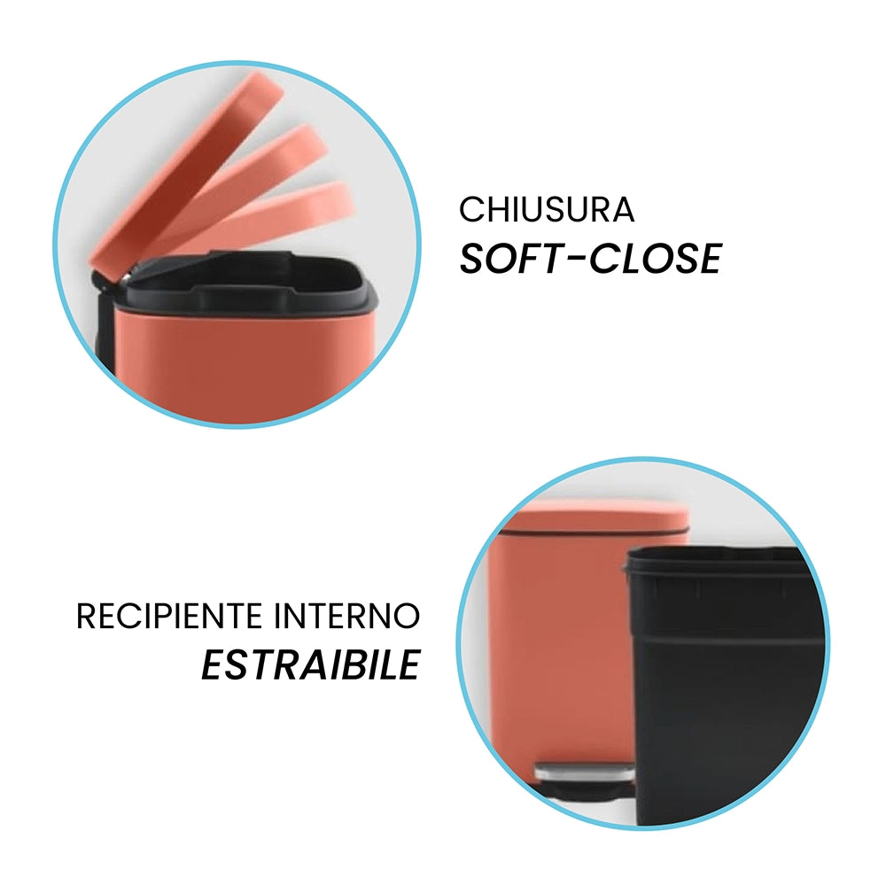 Set pattumiera 5lt a pedale e portascopino in acciaio color terracotta opaco Axin